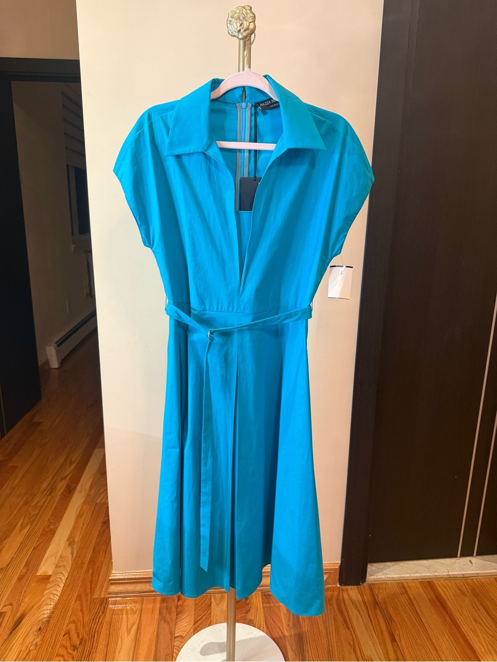 Piazza Sempione Turquoise Collared Midi Dress with Waist Tie